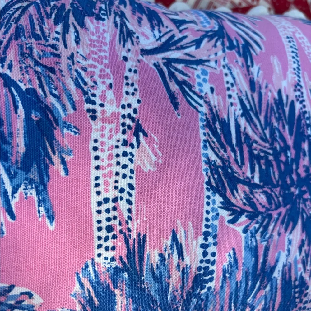 Lilly Pulitzer Two Sided Gold Blue Palm Trees Pom Poms Decorative Lumbar Pillow